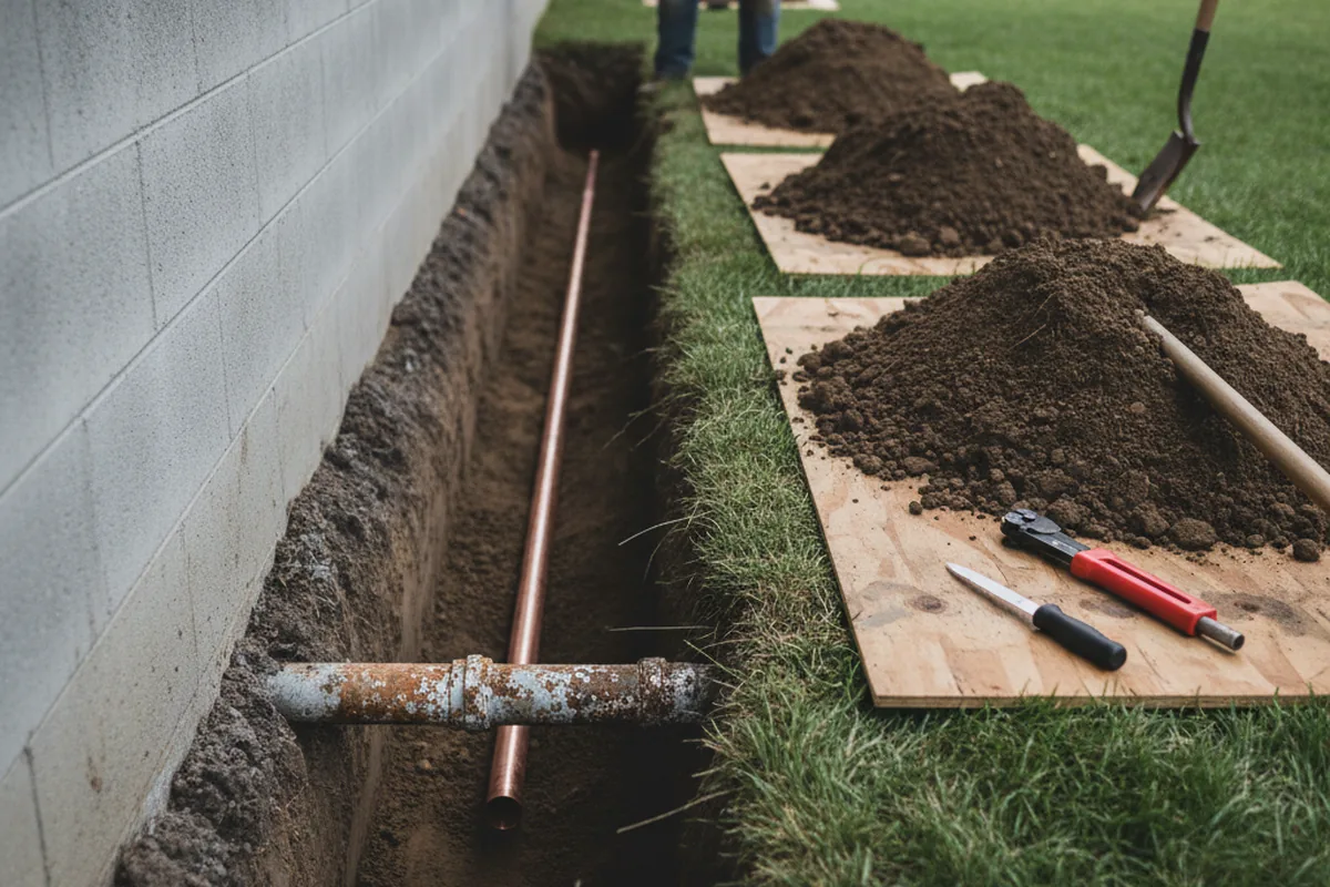 Excavated water line trench during Sewer Line Repair in Robert
